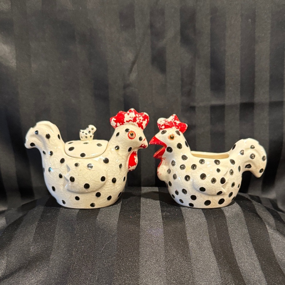 Rustic Matching Polka Dot Rooster/Chicken Sugar Bowl and Creamer - Picture 13 of 16